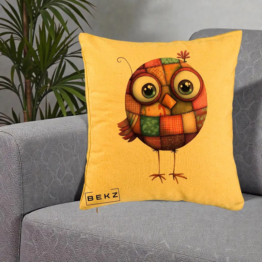 Perna Decorativa Pasare Patchwork Roz cu Floare, 40x40 cm, Galben, Husa Detasabila, Perna Inclusa, BEKZ®