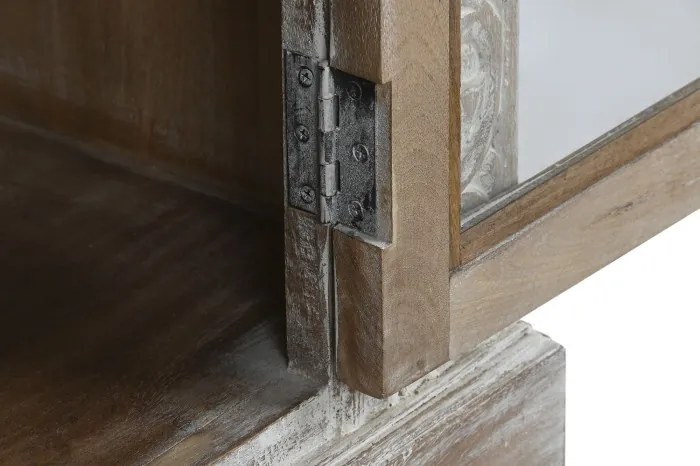 Vitrină sculptată manual din lemn masiv de mango, finisaj décapé alb, 2 uși vitrate, 3 rafturi, 120×44×210 cm, „Jaipur"
