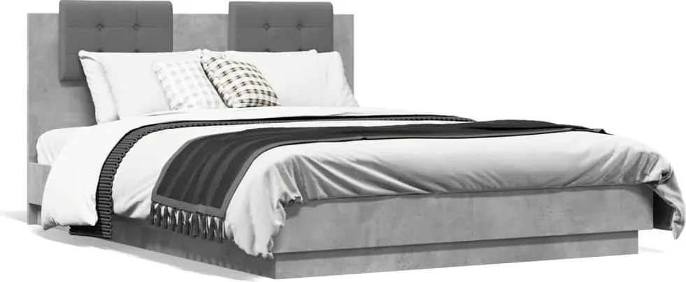 vidaXL Cadru de pat cu tăblie gri beton 135x190 cm lemn prelucrat