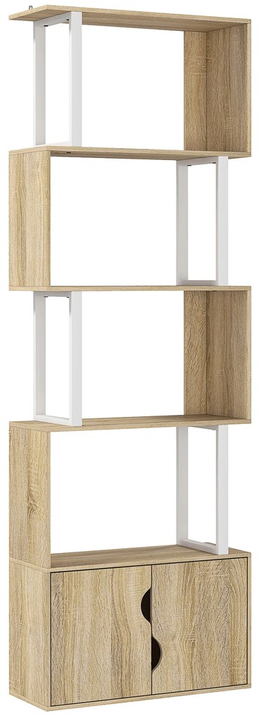 HOMCOM Bibliotecă cu 5 nivele, mobilier de depozitare cu rafturi și dulap cu dublă ușă, 60 x 23,8 x 179,2 cm, lemn natural | Aosom Romania