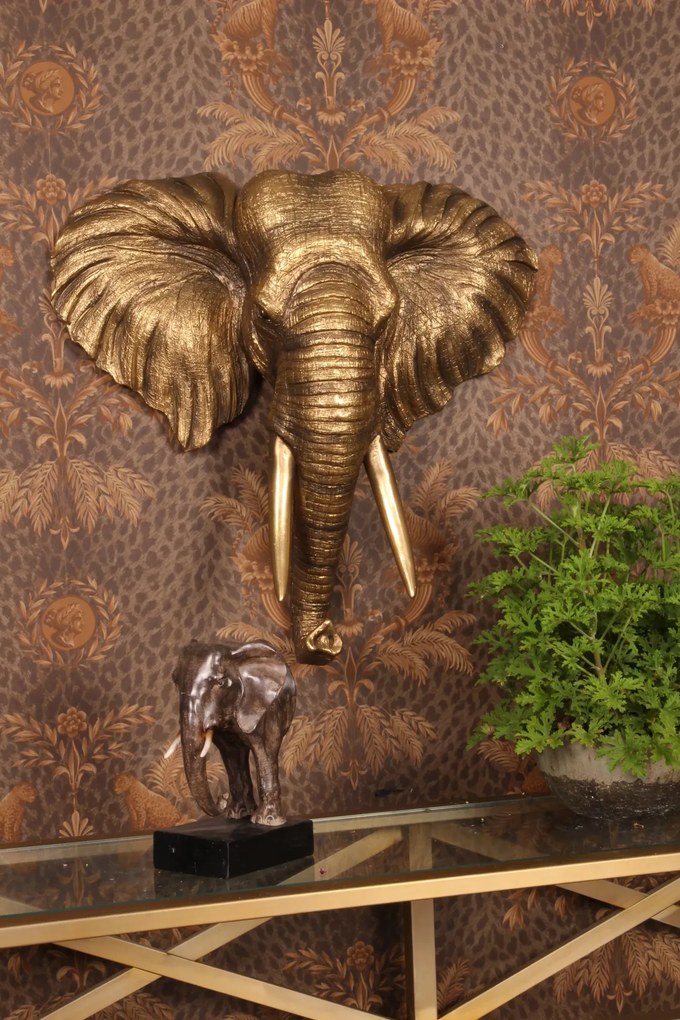 Ornament de perete din polirășină, auriu, model elefant, 61 x 62,5 x 20 cm, „Mysore”