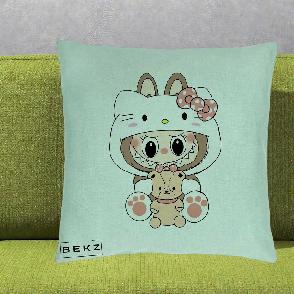Perna Personalizata Labubu x Hello Kitty, 40x40 cm, Verde Menta, Husa Detasabila, Perna Inclusa, BEKZ®