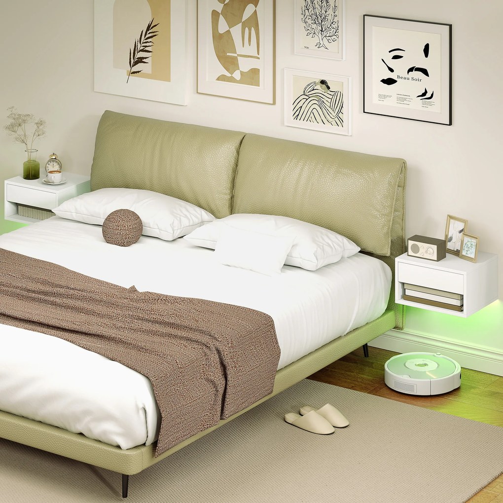 HOMCOM Noptieră set de 2 cu iluminare RGB-LED, noptieră suspendată cu sertar și nișă deschisă, Alb | Aosom Romania