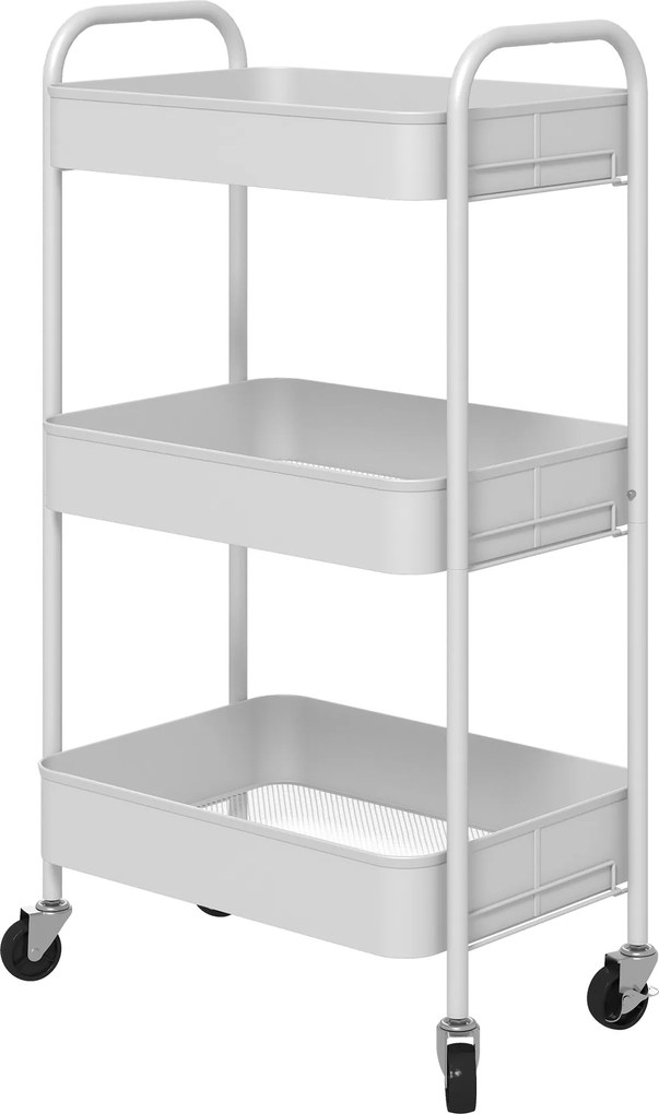 HOMCOM Cărucior pentru Depozitare pe 3 Nivele și Roți cu Frâne, Cărucior Rulant cu 3 Coșuri din Plasă, 45x30,6x79 cm, Alb | Aosom Romania
