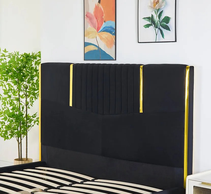 Pat Tapitat din Catifea Negru cu Somiera si Saltea ,   160x200 cm, Cod LB-215
