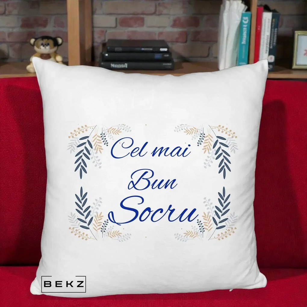 Cadou pentru Socru - Perna Personalizata Cel mai Bun Socru cu Ramuri Frunze Albastre si Aurii, 40x40 cm, Alb Pufos, Husa Detasabila, Perna Inclusa, BEKZ®