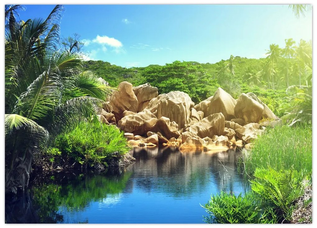 Tablou pe sticlă cu lac în jungla din Seychelles (70x50 cm)