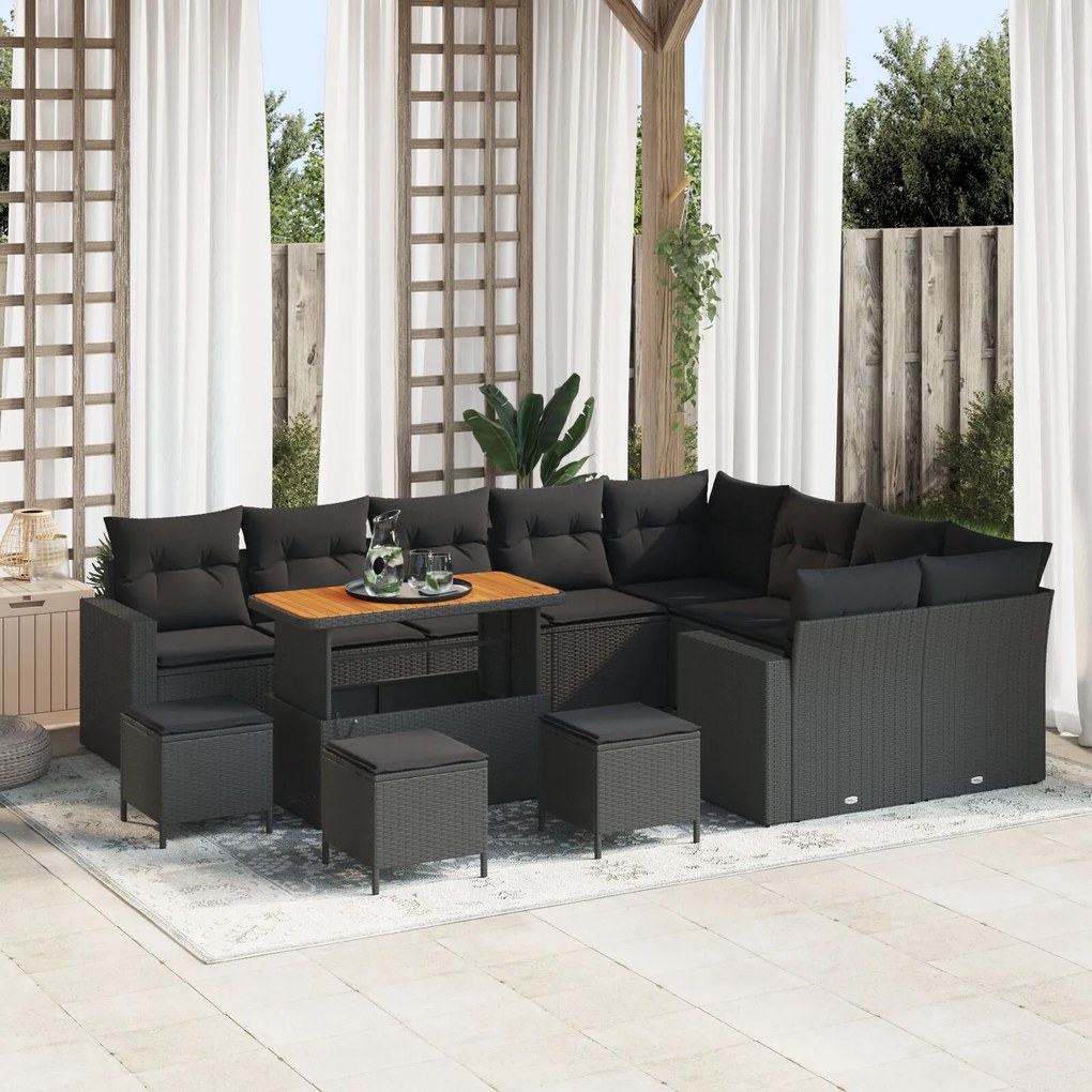 vidaXL Set de canapea de grădină , 12 piese, cu perne, din rattan negru, Acacia.