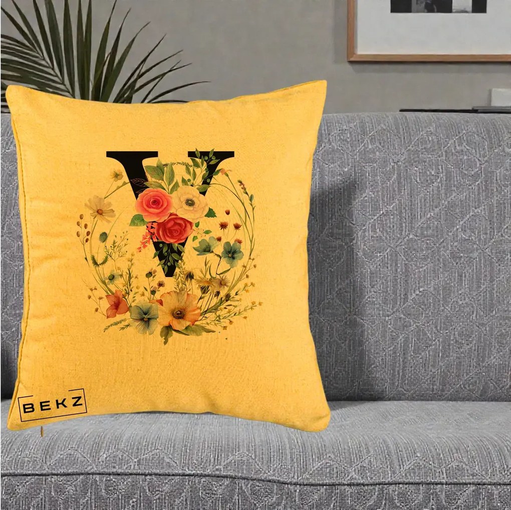 Cadou Personalizat - Perna Personalizata Monograma Florala Litera V cu Coroana, 40x40 cm, Galben, Husa Detasabila, Perna Inclusa, BEKZ®