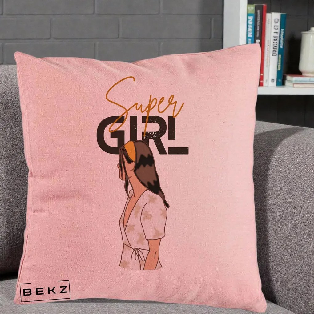 Perna Decorativa Super Girl Aesthetic, 40x40 cm, Roz, Husa Detasabila, Perna Inclusa, BEKZ®