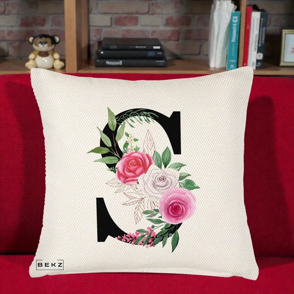 Cadou Personalizat - Perna Personalizata Monograma Florala Litera S, 40x40 cm, Crem Reliefat, Husa Detasabila, Perna Inclusa, BEKZ®