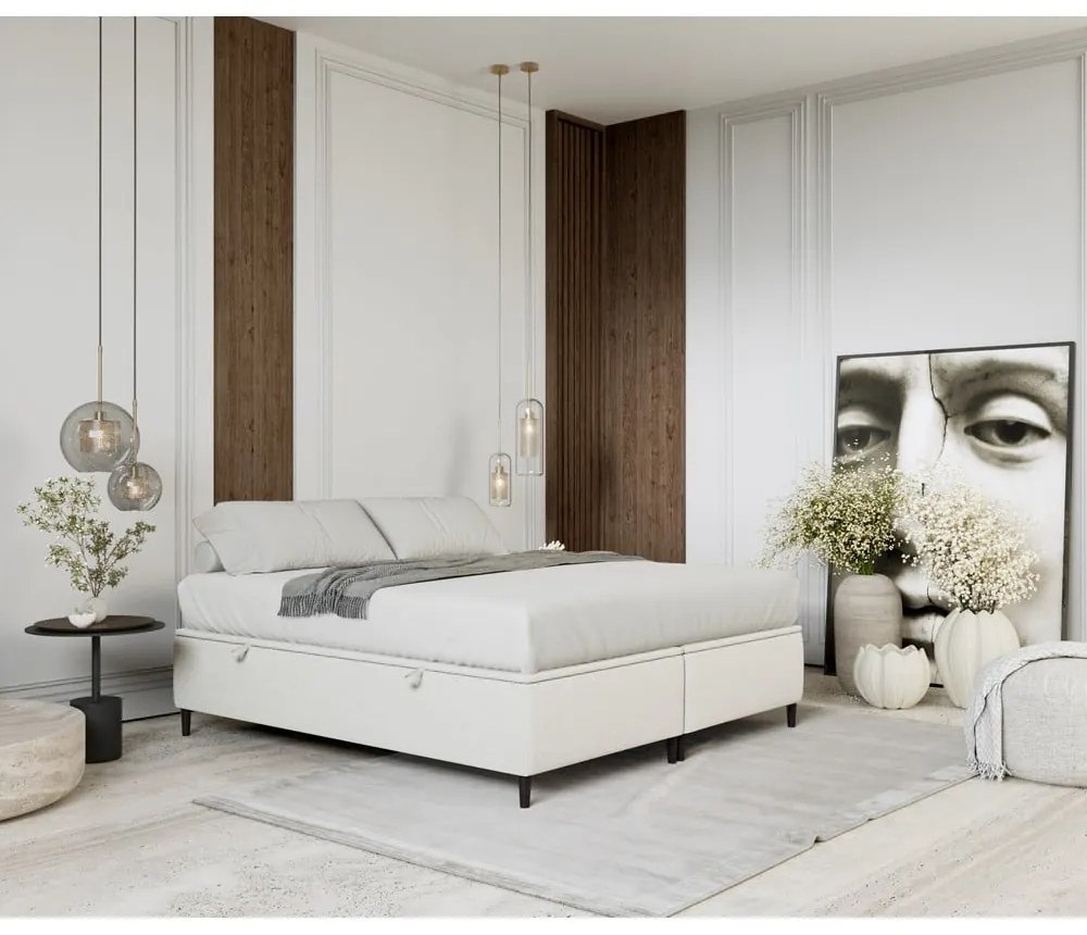 Pat matrimonial crem tapițat cu spațiu de depozitare 160x200 cm Tate – Maison de Rêve