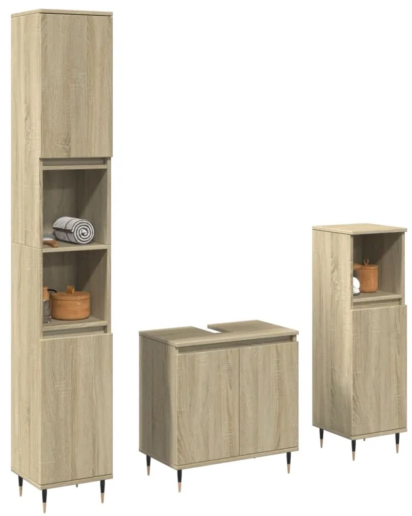 3307673 vidaXL Set mobilier de baie, 3 piese, stejar sonoma, lemn prelucrat