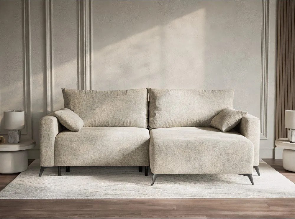 Colțar bej extensibil/cu spațiu de depozitare cu tapițerie din chenille (cu colț pe partea dreaptă/cu șezlong) Leon – Maison de Rêve