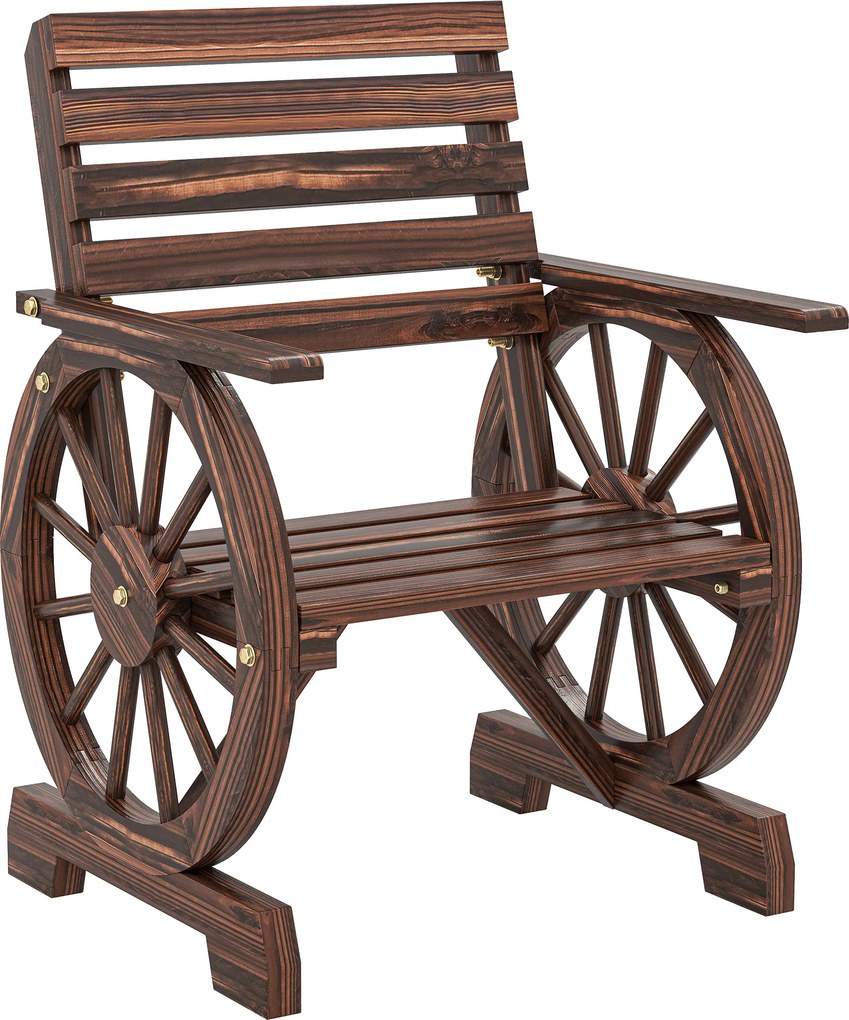 Outsunny Bancă de Grădină din Lemn cu Șipci 1 Loc, Scaun de Exterior cu Cotiere și Roată, Fotoliu Masiv, Șezut Spațios, Spătar Înclinat, Grădină, Curte, Verandă, Carbonizat | Aosom Romania