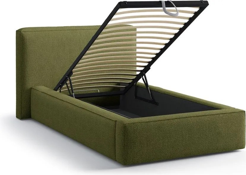 Pat verde tapițat cu spațiu de depozitare cu somieră 90x200 cm Jodie – Micadoni