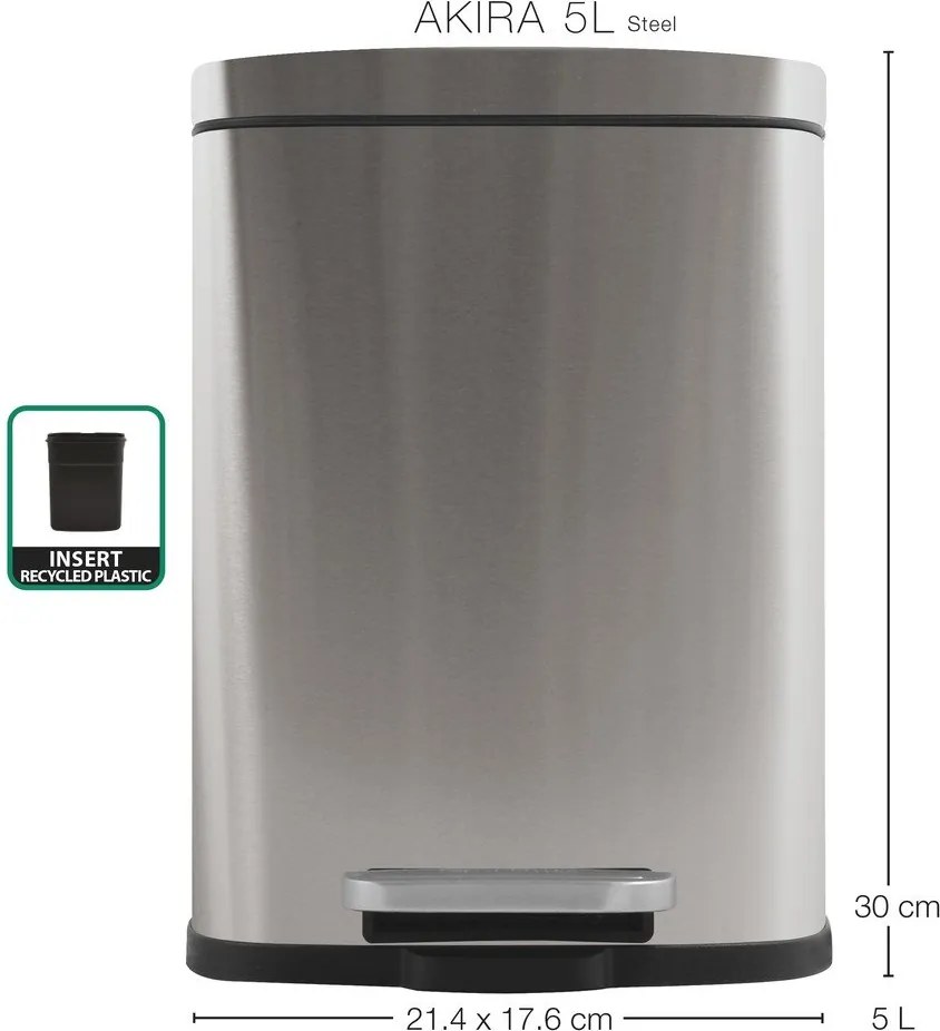 Coș de gunoi argintiu mat cu pedală din oțel 5 l Akira – Spirella