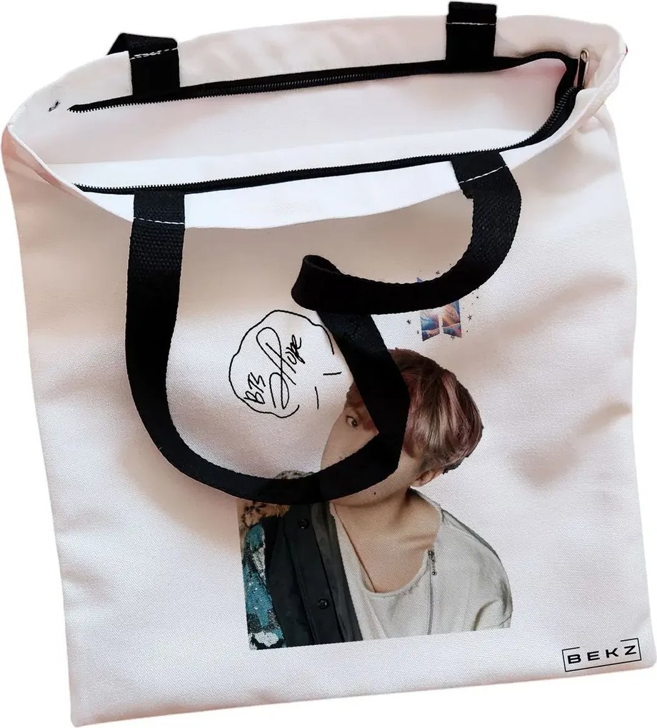 Sacosa de Panza pentru Cumparaturi, Geanta Tote, model BTS J-Hope 2, Cu fermoar, 38x34.5 cm, Alba, BEKZ®