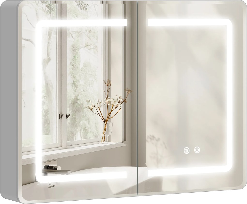 HOMCOM Dulap cu oglindă pentru baie cu iluminare LED, 60 x 80 cm, antiaburire, dimabil în 3 trepte | Aosom Romania