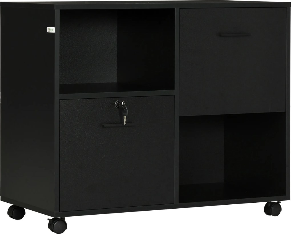Vinsetto Dulap Mobil de Birou cu 2 Sertare pentru Dosare Rafturi Deschise PAL Manere Oțel Roti Blocare 80x40x66cm Negru | Aosom Romania