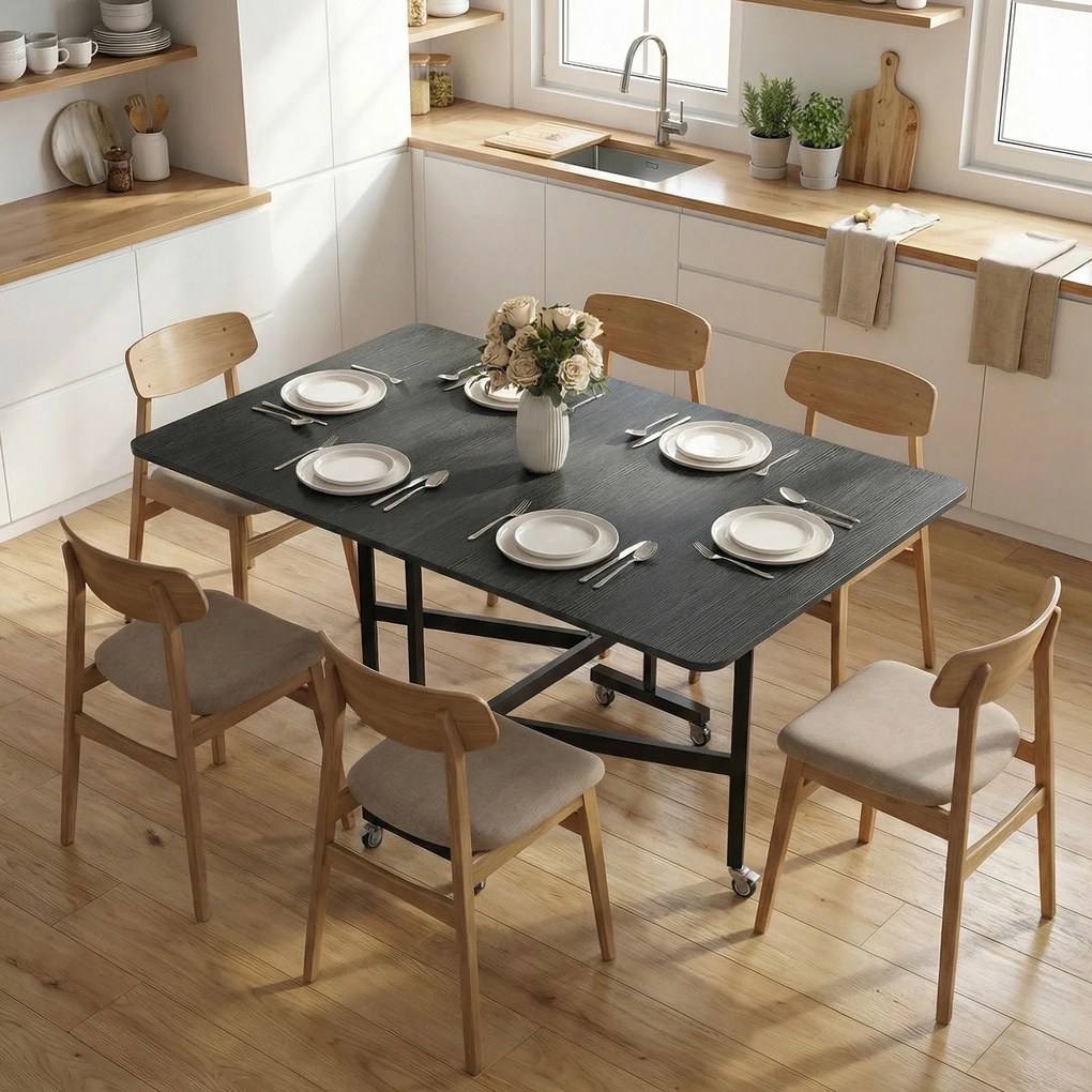 HOMCOM Masă de Dining Pliabilă, Masă de Bucătărie Rabatabilă cu Roți cu Frână pentru 4-6 Persoane, Birou Compact cu Cadru din Oțel, pentru Living, 120x80x73 cm, Negru cu Efect de Lemn | Aosom Romania