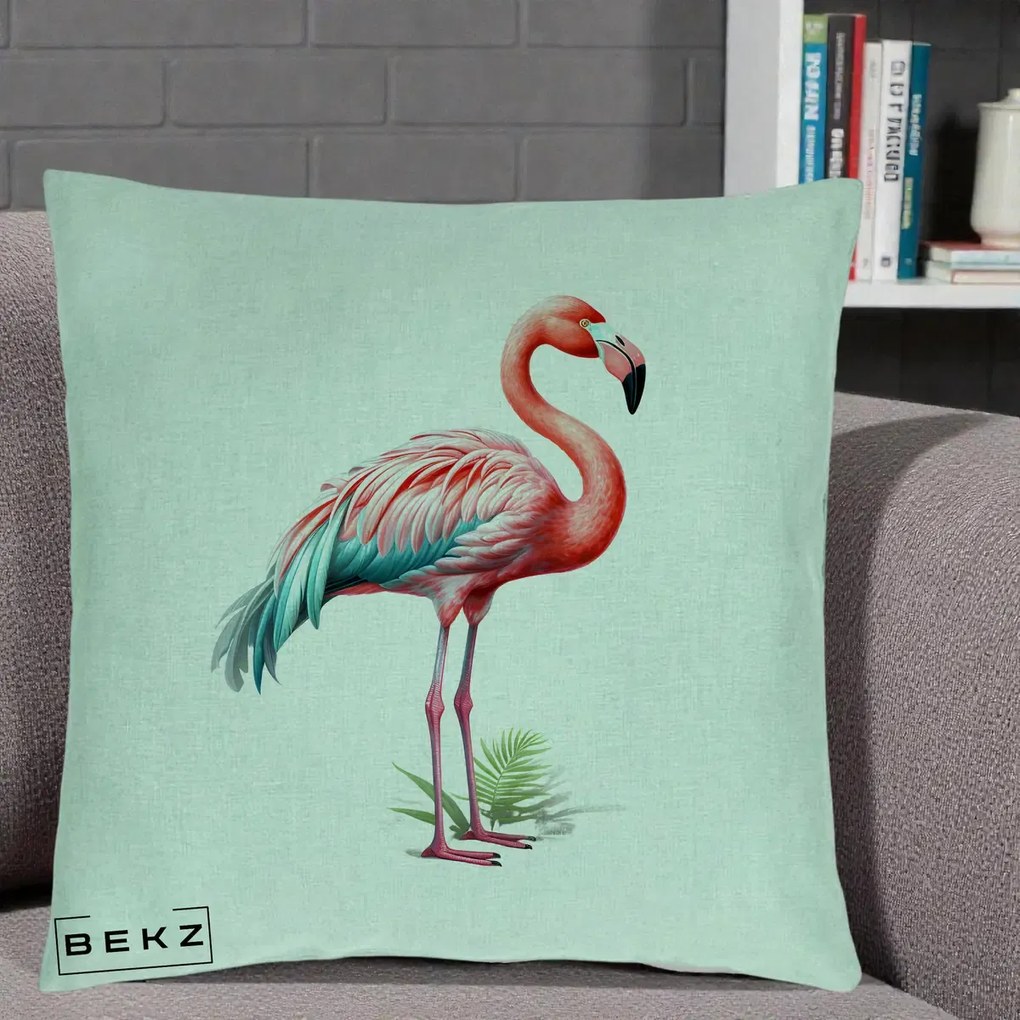 Perna Decorativa Flamingo Roz cu Pene Teal, 40x40 cm, Verde Menta, Husa Detasabila, Perna Inclusa, BEKZ®