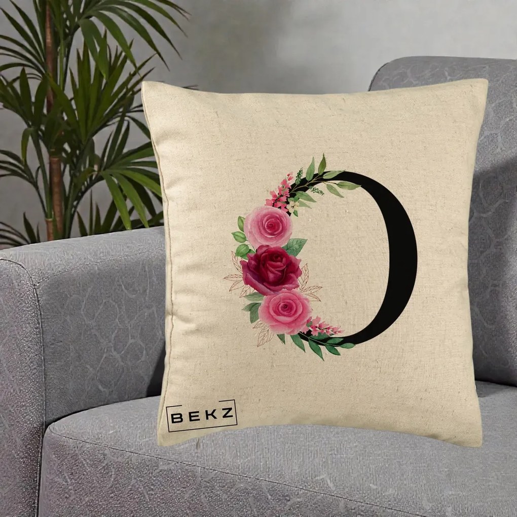 Cadou Personalizat - Perna Personalizata Monograma Florala Litera O, 40x40 cm, Bej, Husa Detasabila, Perna Inclusa, BEKZ®