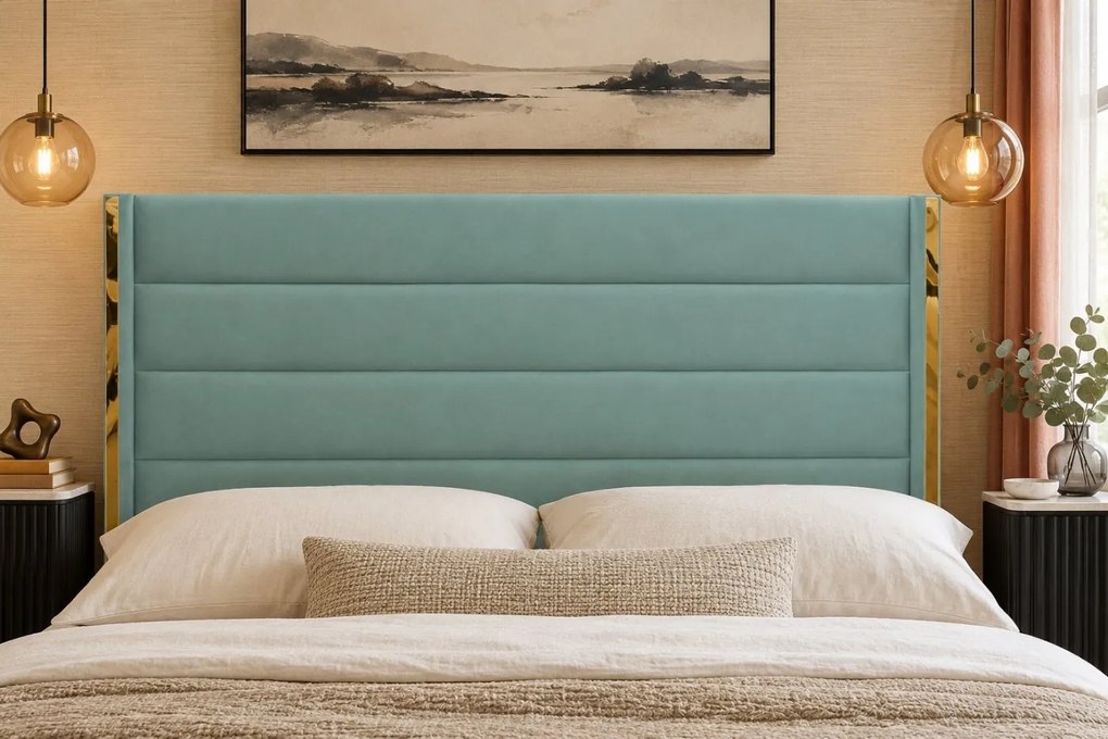 Pat tapițat din catifea Veyra 140×200 cm, verde marin, detalii aurii, cu ladă de depozitare