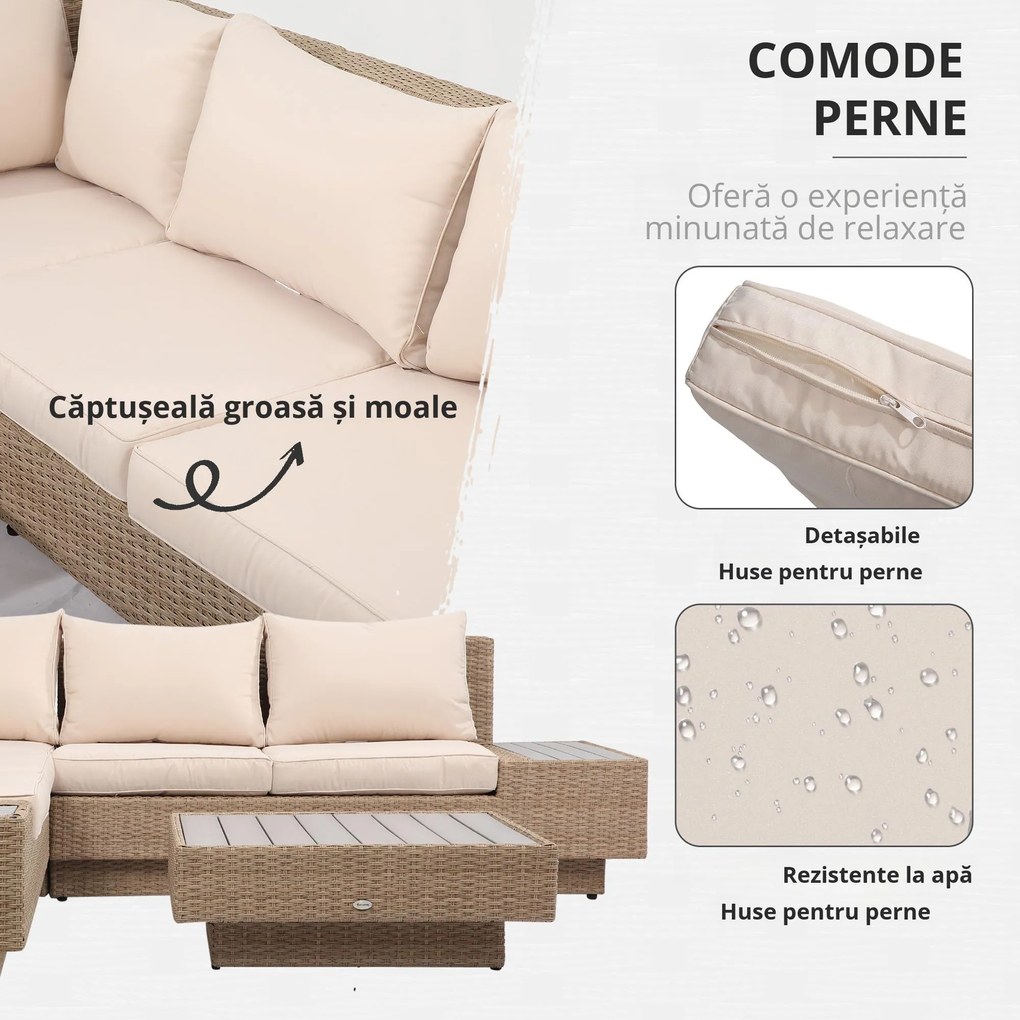 Outsunny Set Living de Gradina din Rattan, 4 Piese, Coltar pentru Exterior cu Perne, Masute Laterale si Masuta de Cafea, Maro Deschis | Aosom Romania