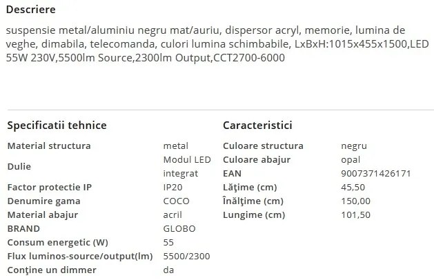 Lustra LED suspendata moderna cu telecomanda COCO 55W
