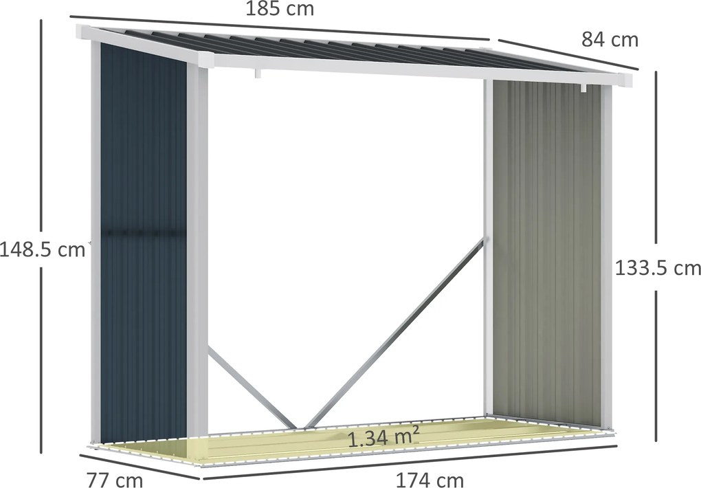 Outsunny Șopron pentru lemne din oțel galvanizat, adăpost depozitare bușteni cu acoperiș înclinat pentru grădină/terasă exterior 185x84x133,5/148,5 cm Gri | Aosom Romania