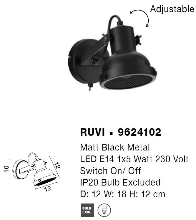 Aplica de perete metalica design retro RUVI negru