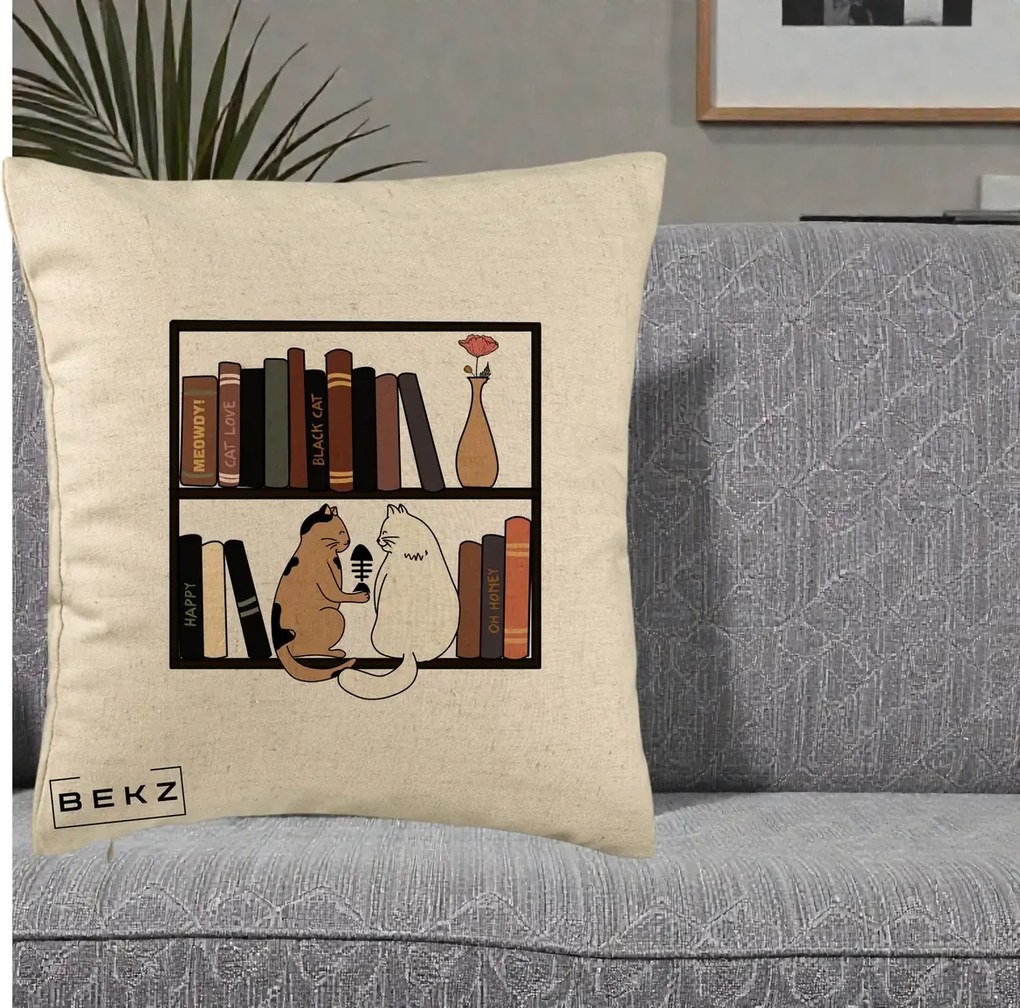 Perna Personalizata Pisici si Carti pe Raft, 40x40 cm, Bej, Husa Detasabila, Perna Inclusa, BEKZ®