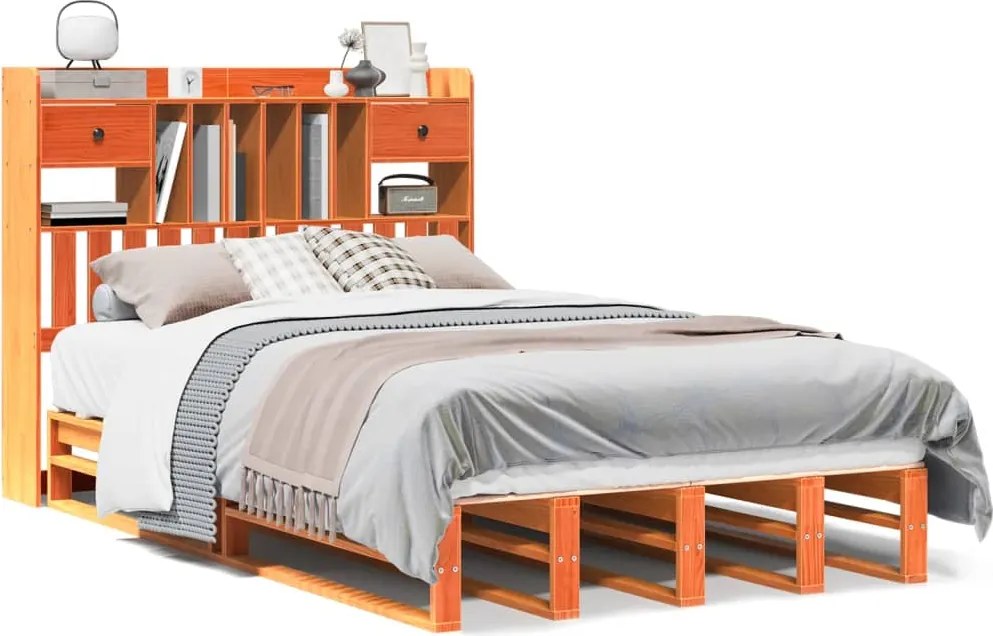 vidaXL Pat cu bibliotecă fără saltea maro 135x190 cm lemn masiv de pin