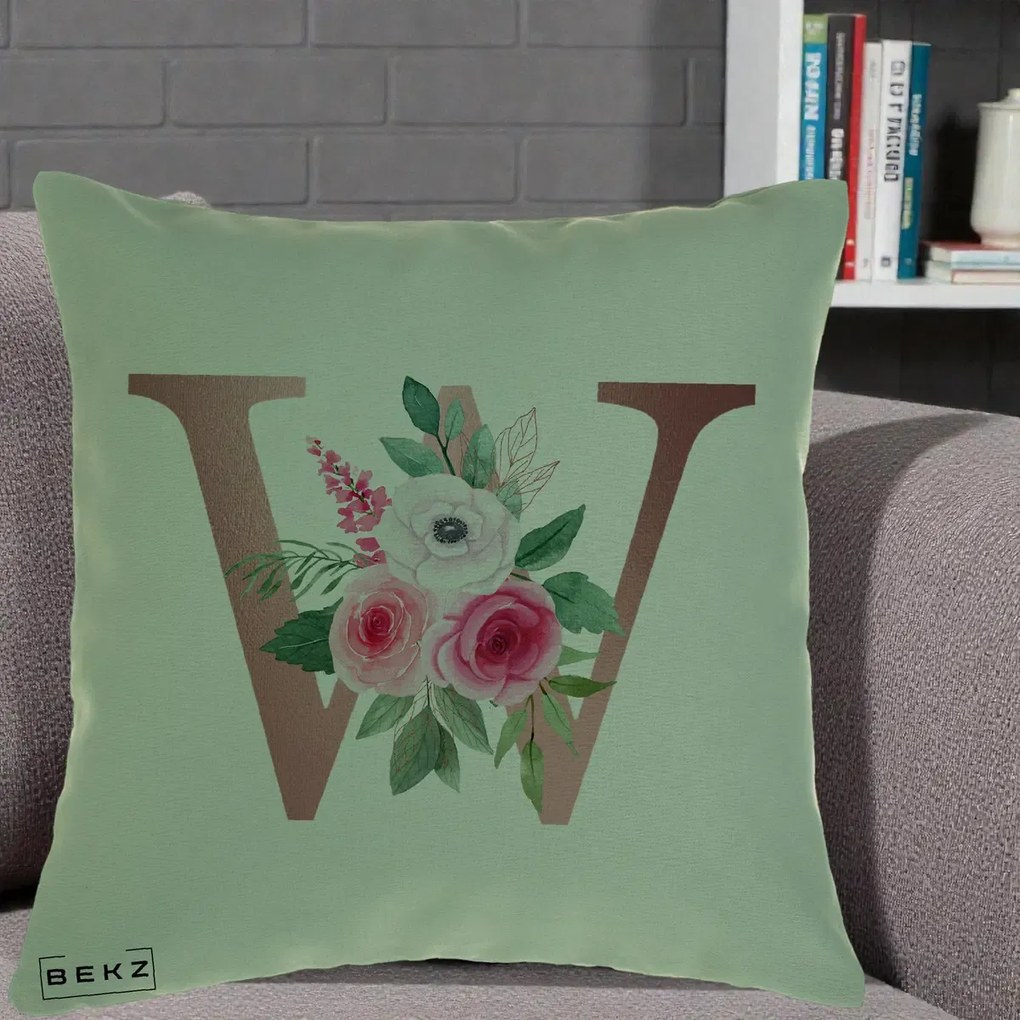 Cadou Personalizat - Perna Personalizata Monograma Rose Gold Litera W cu Trandafiri si Anemona, 40x40 cm, Verde, Husa Detasabila, Perna Inclusa, BEKZ®