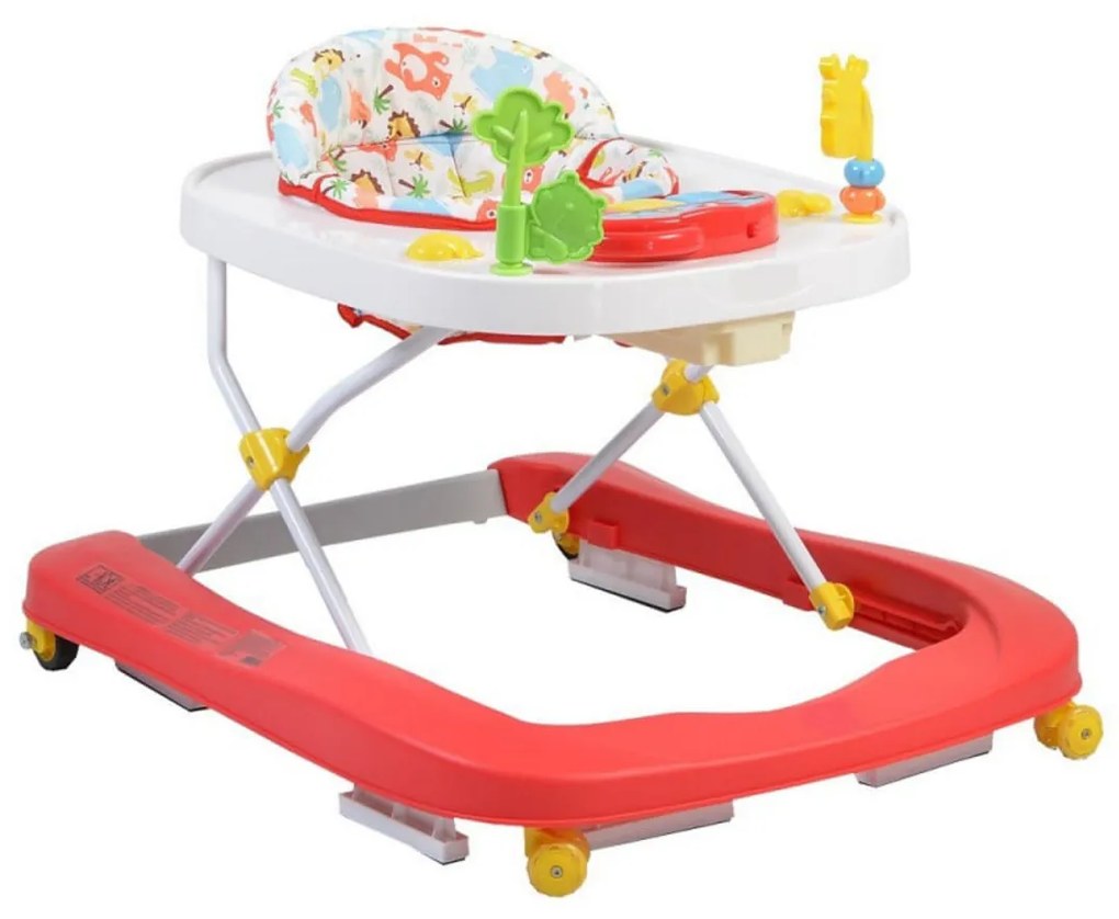 Premergator Premium reglabil in 3 trepte de inaltime NOVOKIDS™ ZooZoo Baby ,Roti silentioase din silicon, Cu melodii, Animalute, Pliabil, Rosu