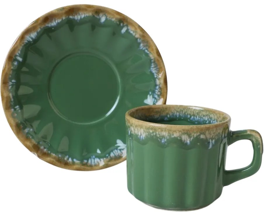 Set of 6 ceramic cups with saucers Elementa 185ml, green