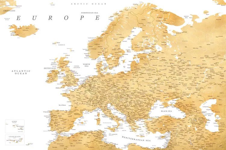 Harta Detailed map of Europe in gold, Blursbyai