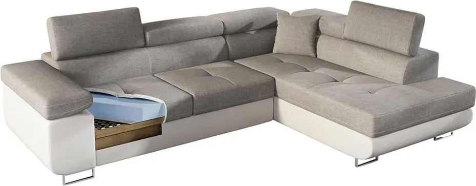 Colțar gri deschis extensibil/cu spațiu de depozitare cu tapițerie din catifea (cu colț pe partea dreaptă/în formă de ”L”) Anton – ELTAP