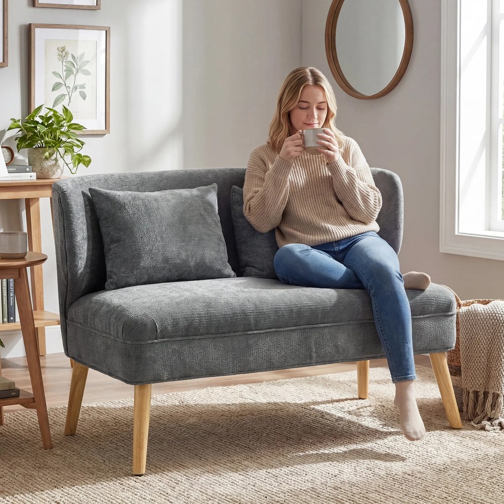 HOMCOM Canapea 2 locuri, mini canapea din Chenille cu spătar în formă de aripă, șezut gros, picioare din lemn de cauciuc, gri | Aosom Romania