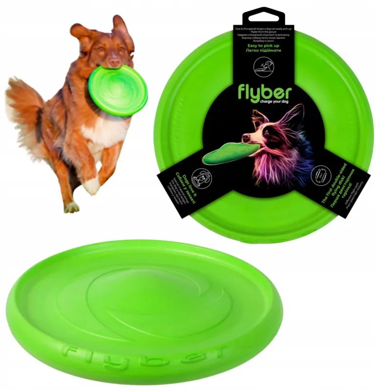 Frisbee pentru caini Flyber 62175, 22 cm, Forma unica, Inofensiv pentru dintii cainilor, Verde