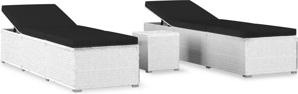 vidaXL Șezlonguri de grădină, 3 piese, masă ceai, alb, poliratan