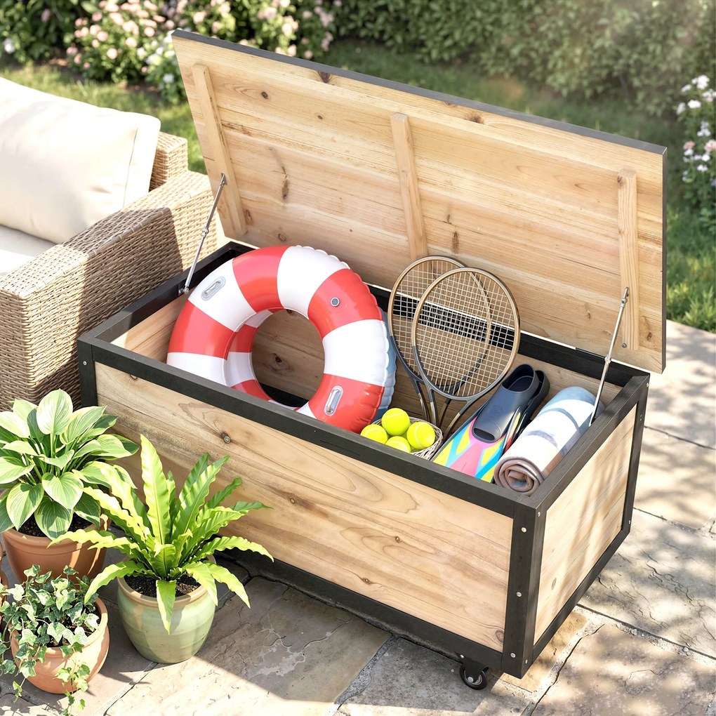 Outsunny Cutie de Depozitare pentru Exterior 121L cu Roți, Organizator din Lemn cu Armătură de Oțel, Maro | Aosom Romania
