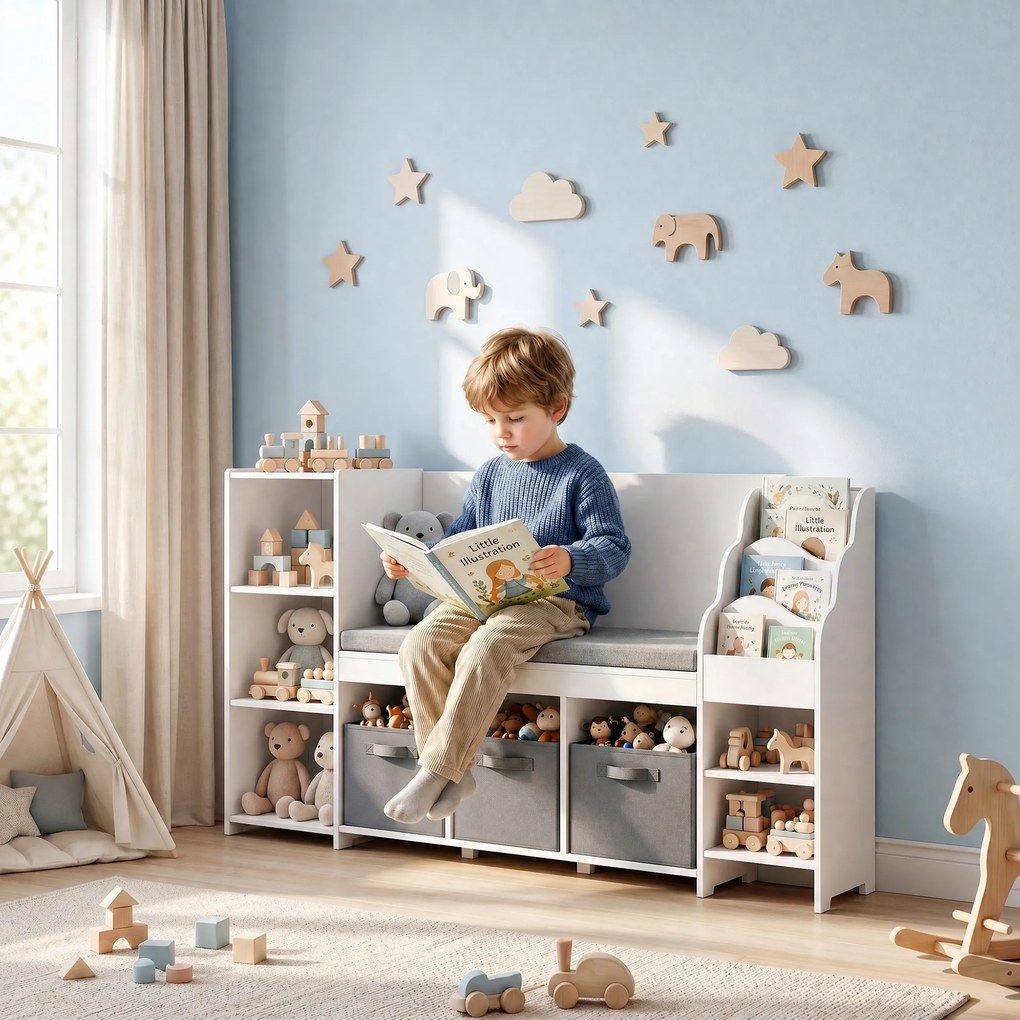 AIYAPLAY Raft Depozitare Jucării Copii 3-8 Ani cu Bibliotecă pe 3 Niveluri, 3 Sertare, 4 Compartimente, Pernă, Alb | Aosom Romania