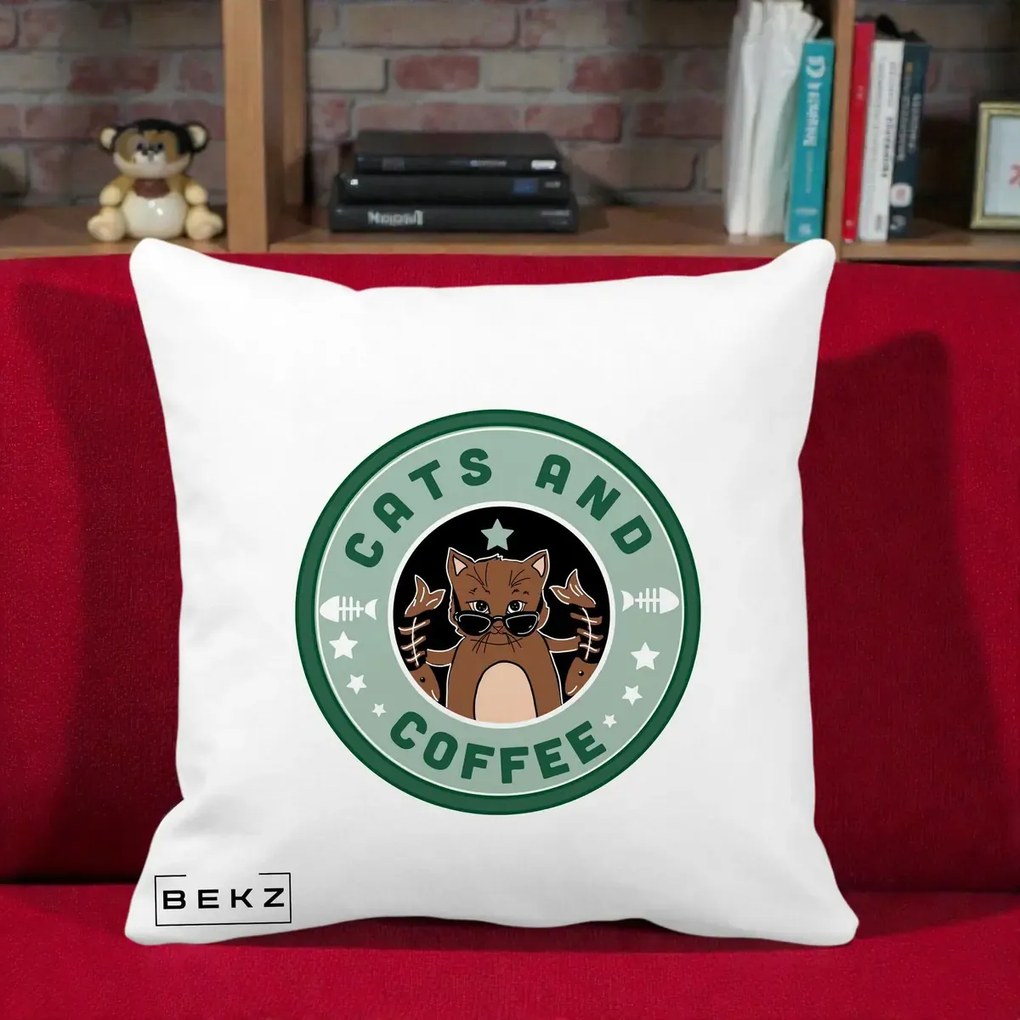 Perna Personalizata Cats and Coffee Starbucks, 40x40 cm, Alba Mata, Husa Detasabila, Perna Inclusa, BEKZ®
