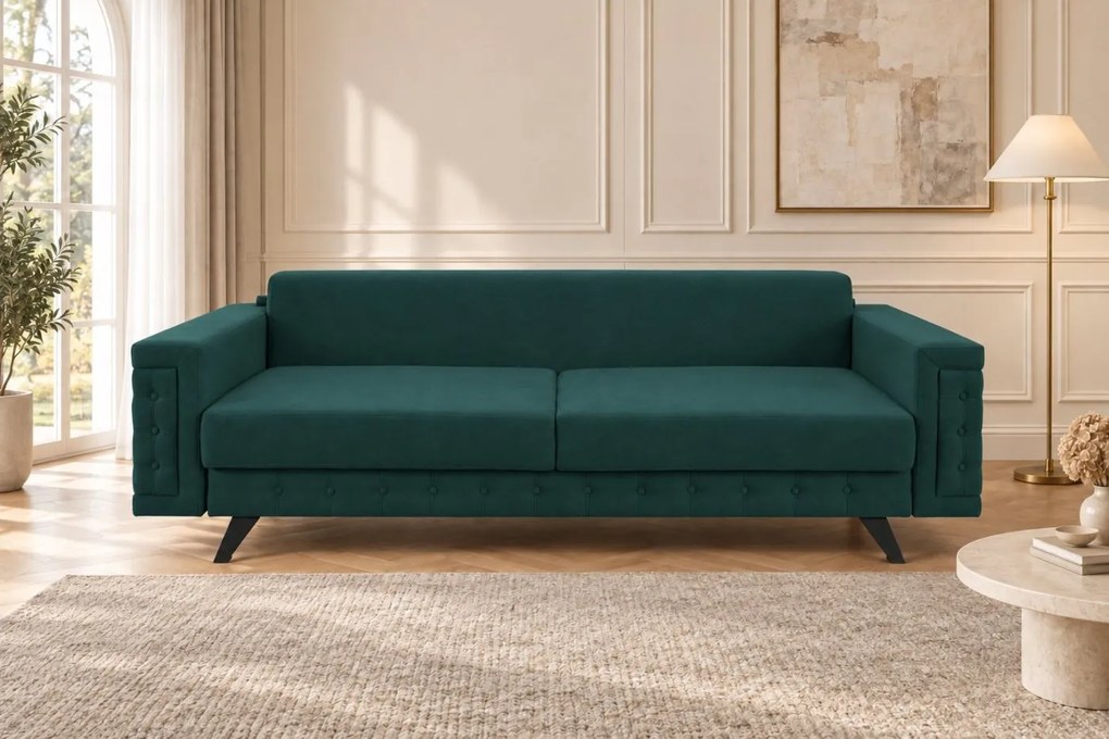 Canapea extensibilă Rosalia din stofă, verde, picioare negre, cu ladă de depozitare
