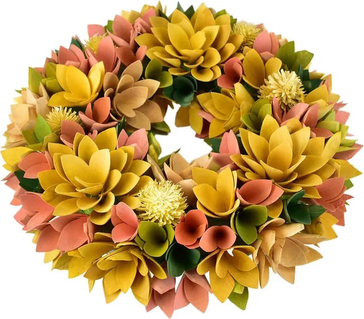 Coroniță din flori din lemn 30 cm, culoare muștar