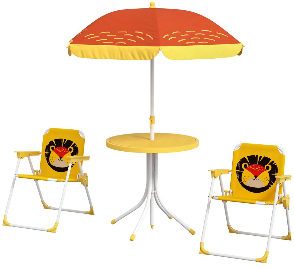 Outsunny Set mobilier de grădină pentru copii 4 piese motiv de leu cu umbrelă reglabilă Ø 100 cm scaun pliabil galben | Aosom Romania