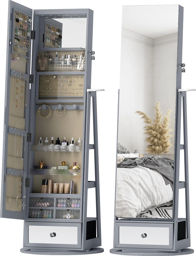 HOMCOM Oglindă portarbijuterii cu lumini LED Dulap portarbijuterii cu oglindă completă Rotativ de 360° Sertar Încuietoare Gri deschis | Aosom Romania