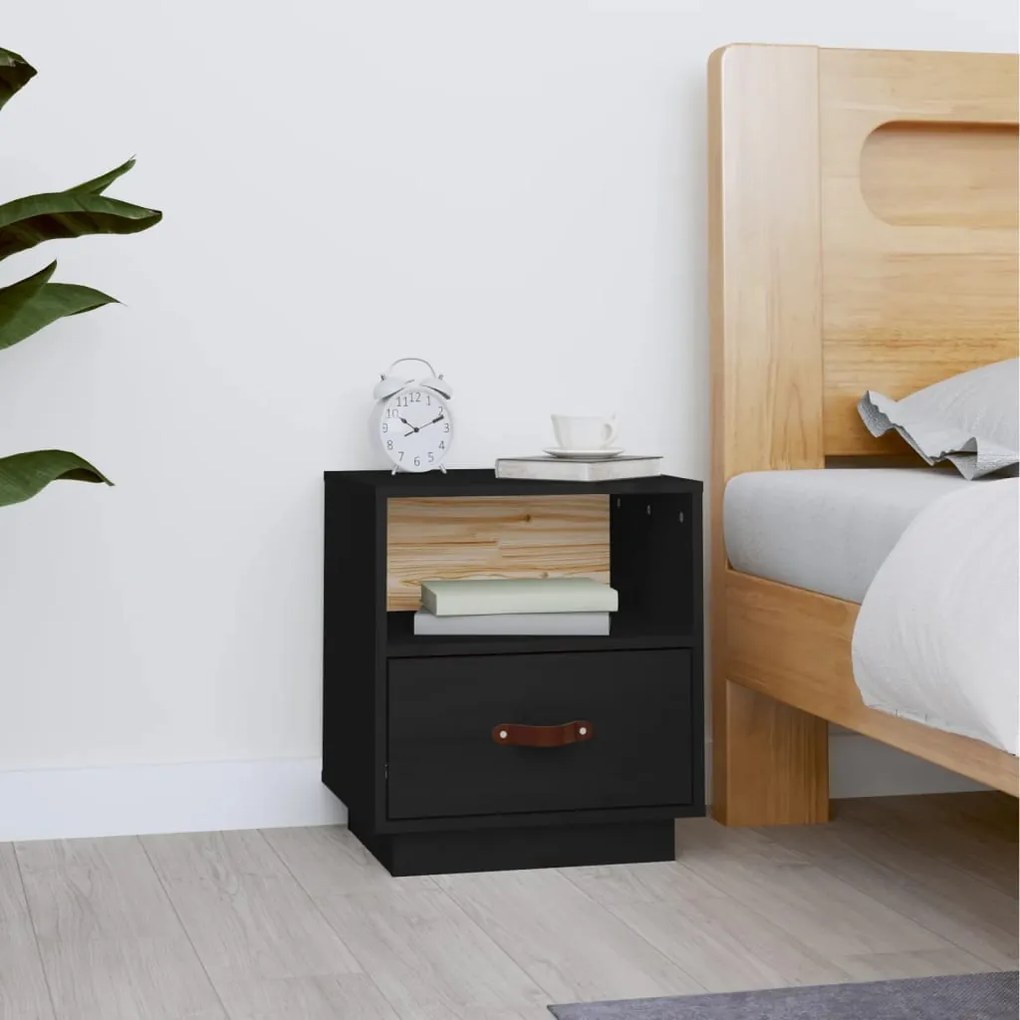 818303 vidaXL Noptieră, negru, 40x34x45 cm, lemn masiv de pin